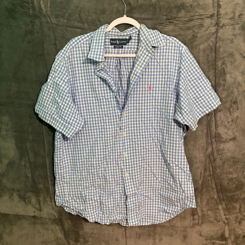 Ralph Lauren Shirt Mens XL Short Sleeve Blue Check Print Button Down